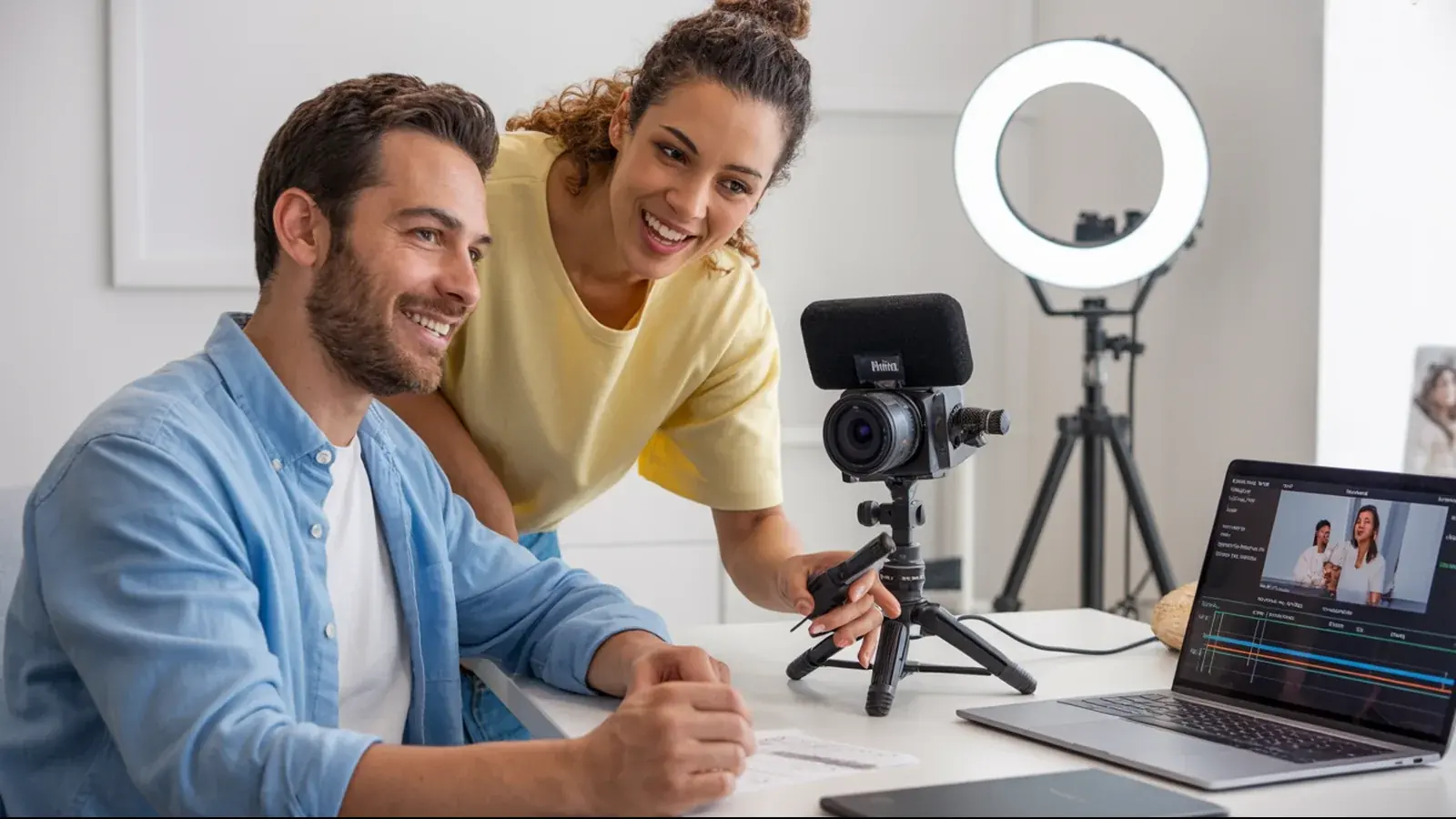 The owner of a YouTube channel at work with a customer, in a bright real moment